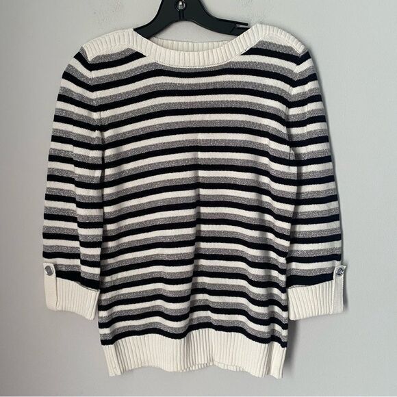 Karen Scott Women’s Striped High Neck Knit 3/4 Folded Sleeve Sparkly Sweater XS - Picture 1 of 4